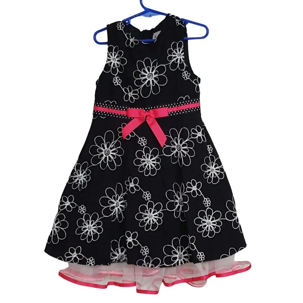 Girls Size 6 Dress Sleeveless Black Embroidered Floral Pink Bow Tulle‎ Trim
